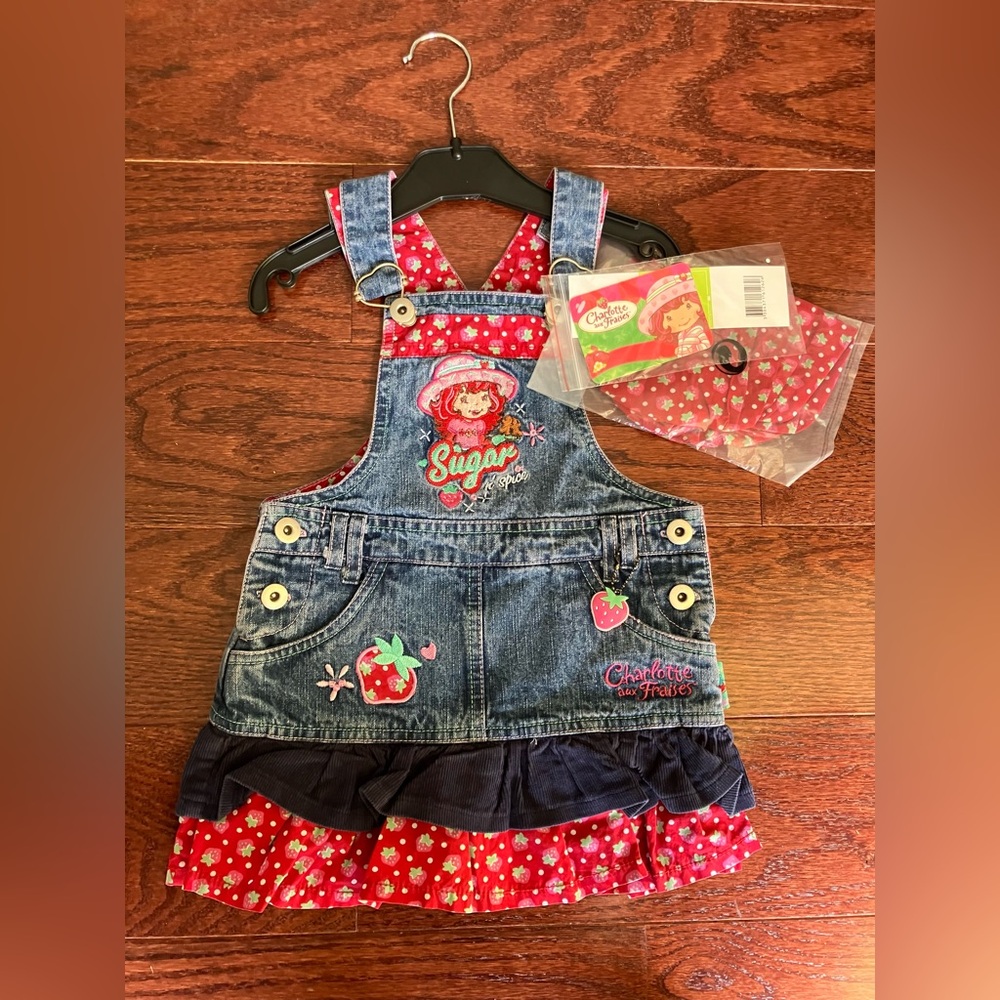 Vintage Y2K 2008 NWT Strawberry Shortcake Denim Denim Overalls Dress Toddler 2
